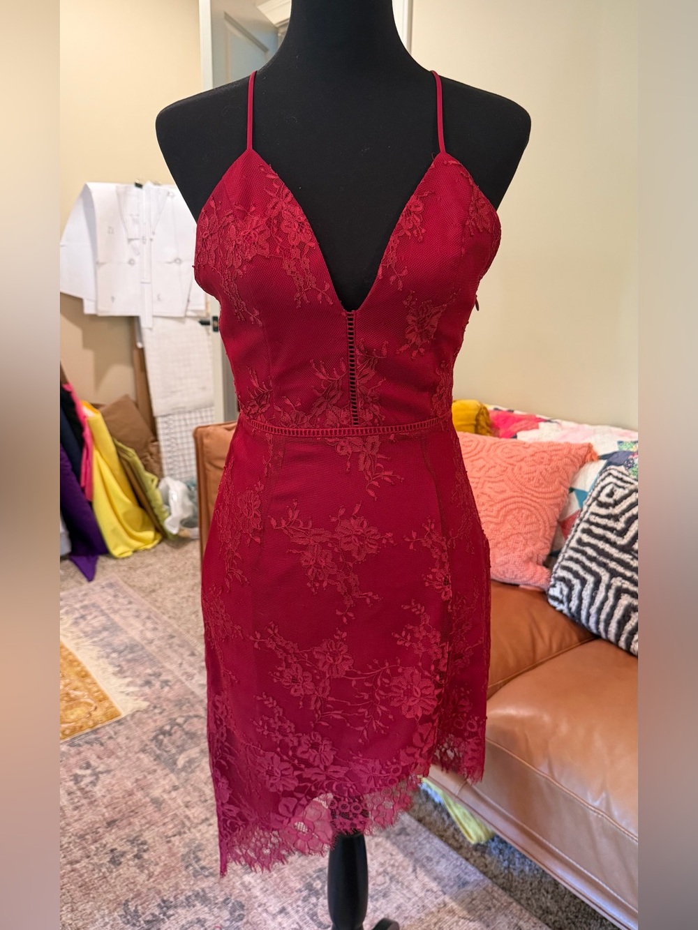 NBD Revolve Burgundy Lace Strappy Asymmetric Hem Mini Dress Small